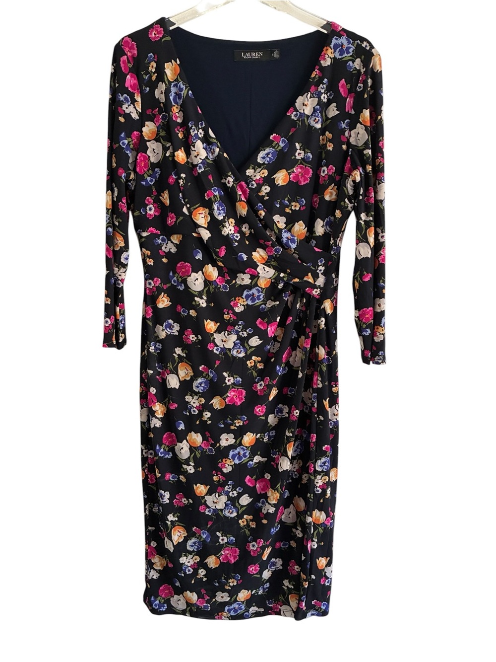 Lauren Ralph Lauren Black Floral Faux Wrap Dress Midi Dress Size 12 - Picture 4 of 9